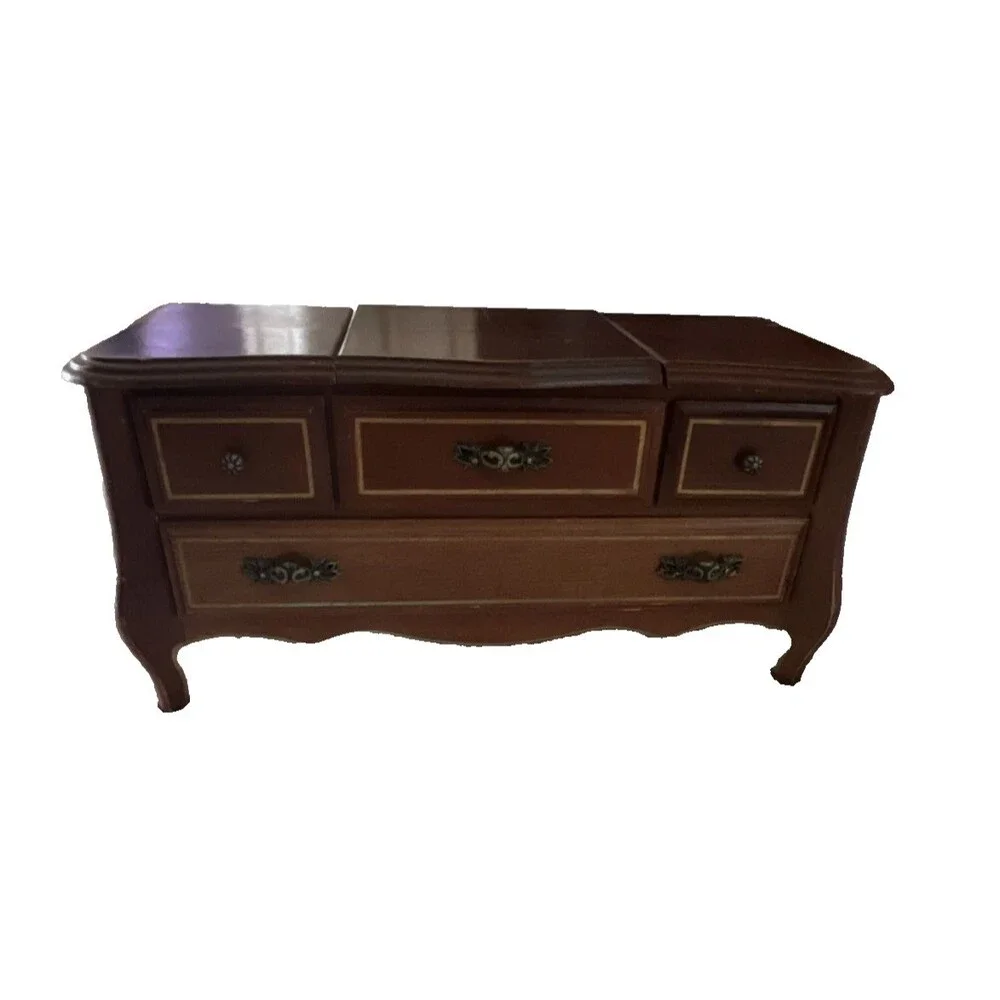 Vintage Mid Century Musical Wooden Jewelry Box, Drawers, Mirror, Velvet Lined